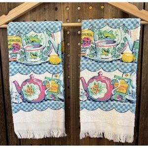 Revere Mills Kitchen Towels (2) Teal Pink Yellow White Teapots Old Store Stock